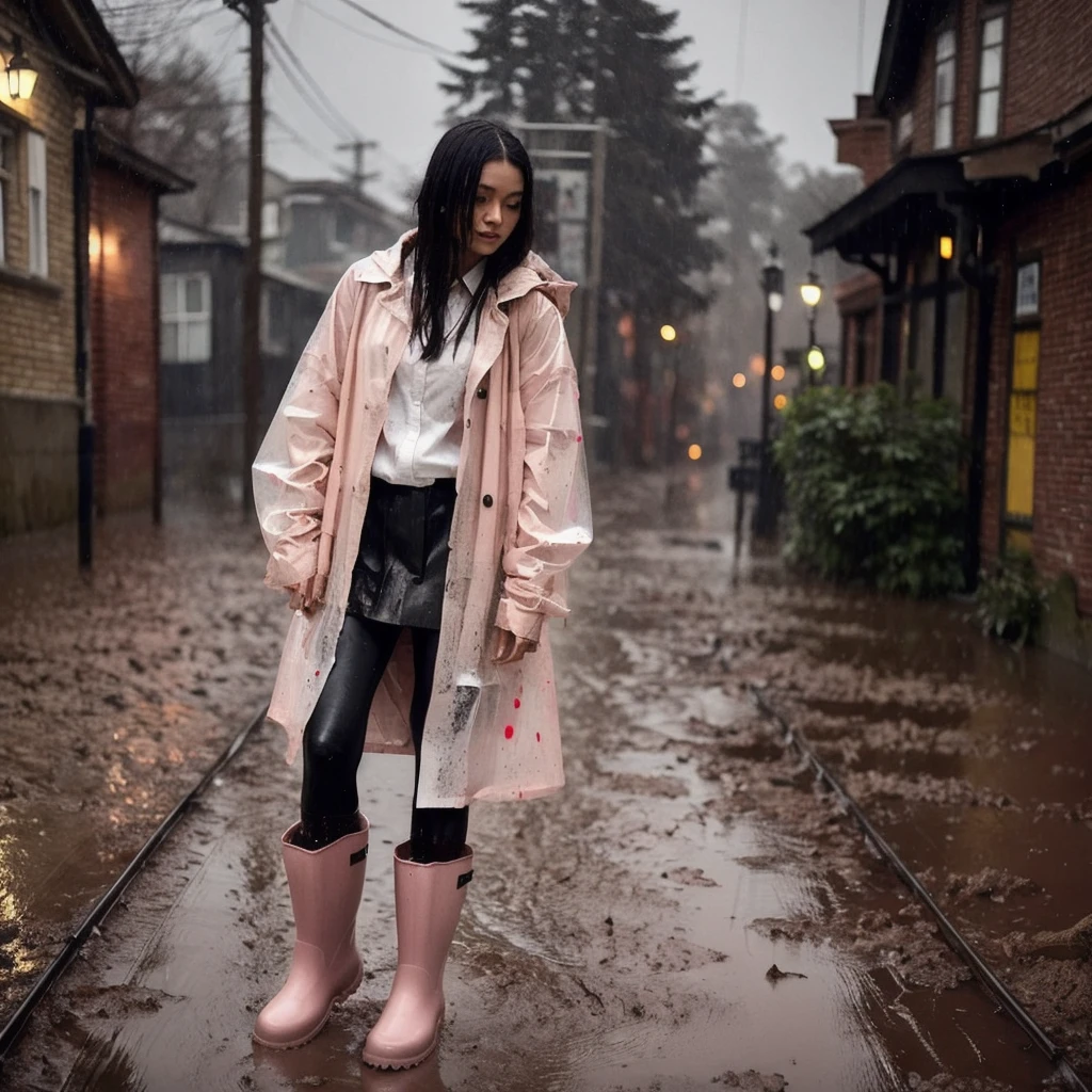 (masterpiece:1.2, best quality), (real picture, intricate details), (night, dark, downpour:1.4)
There was no one in the alley, and the surroundings were silent, only the raindrops sprinkled on the tile eaves of the low houses near and far, making a slight rustling sound. In the cold rain, (1girl, asian girl, pretty light pink buttoned raincoat, tall pink rainboots, muddy clothes, mud splatters on clothes) , close up, cowboy shot