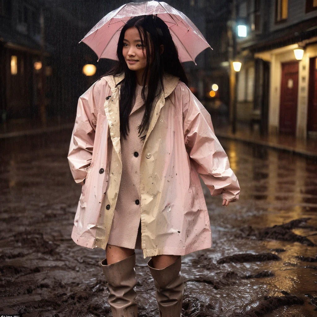 (masterpiece:1.2, best quality), (real picture, intricate details), (night, dark, downpour:1.4)
There was no one in the alley, and the surroundings were silent, only the raindrops sprinkled on the tile eaves of the low houses near and far, making a slight rustling sound. In the cold rain, (1girl, asian girl, pretty light pink buttoned raincoat, tall pink rainboots, muddy clothes, mud splatters on clothes) , close up, cowboy shot