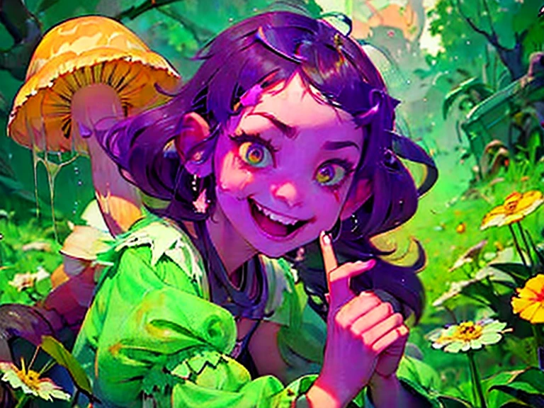 Gruesome and spooky details、Cute Smile、Mysterious atmosphere、Alice in Wonderland、Enthusiastic atmosphere、Mischievous Smile、Expressive gestures、Comical movement、Psychedelic Mushroom Background
