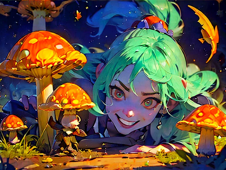 Gruesome and spooky details、Cute Smile、Mysterious atmosphere、Alice in Wonderland、Enthusiastic atmosphere、Mischievous Smile、Expressive gestures、Comical movement、Psychedelic Mushroom Background
