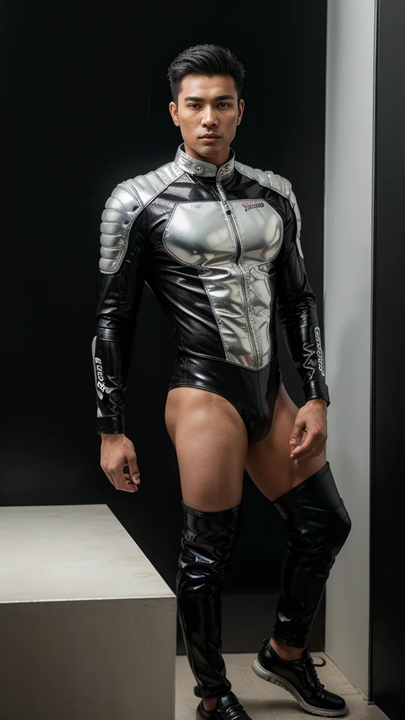 ((best quality)), ((masterpiece)), (detailed),
a 25 years old handsome,hot sexy, ultra attractive burmese man,who has six packs and biggest erect long big penis,wears silver motorcycle biker racing fighter suit,black gloves,black shoes.man is standing at dark silver background.he is advertising about the product 'HHT' antacid tablets by his gloved hands at indoor commercial shooting studio.Hot attractive man in realism style for advertising commercial Attractive commercial photos.