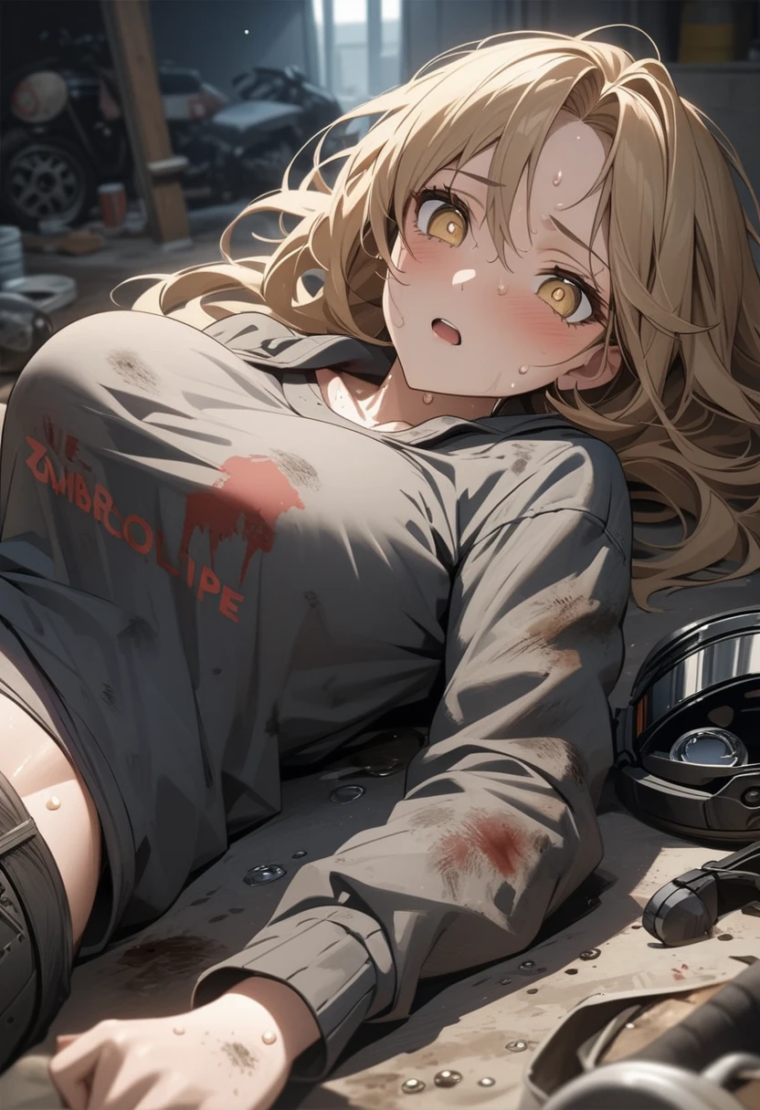 Golden hair, golden eyes with black pupils, woman , big chest, motorcycle goggles, sweaty, focused, working on vehicle, laying down on back, dirty, garage, zombie apocalypse, tattered black streetwear, highly detailed, perfect eyes, well defined eyes, highly detailed eyes, expressive eyes, best quality