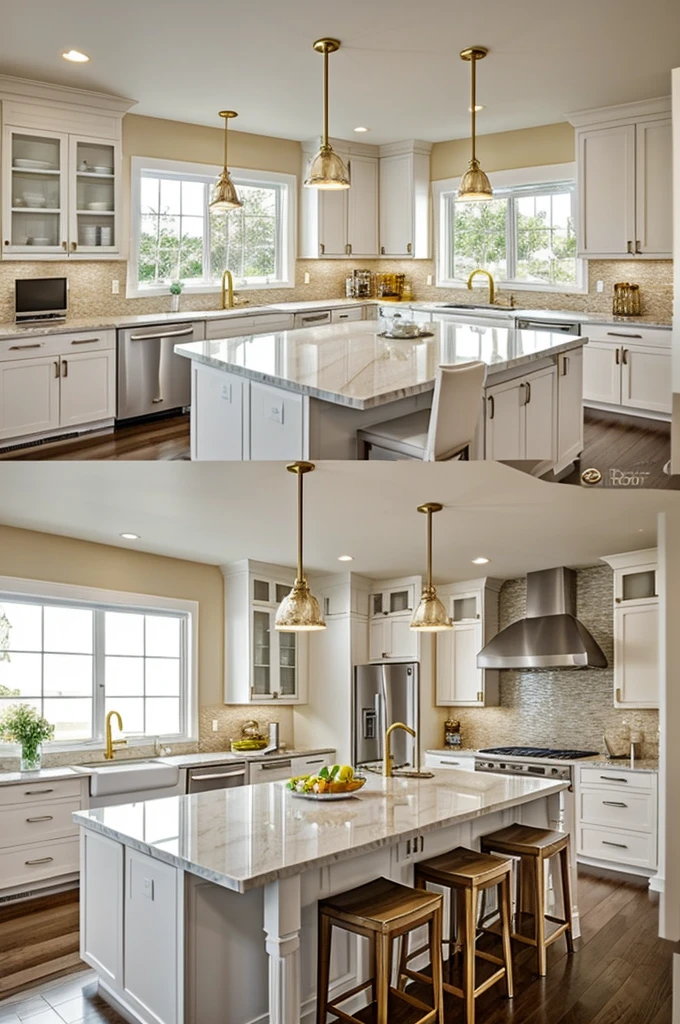 Recreate a kitchen with white shaker-style cabinets that reach the ceiling, a center island with a white quartz countertop and bar chairs with gold legs. The island has a sink and space for food preparation, with golden hanging lamps above. The walls are a light beige tone and there is a large window that lets in a lot of natural light. The appliances are stainless steel, and there are LED lights under the cabinets to illuminate work surfaces.