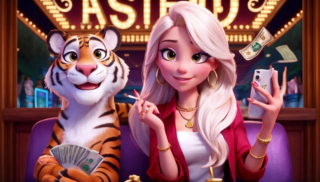 Blonde woman with long hair, full breasts short pink blouse, next to a tiger, local cassino