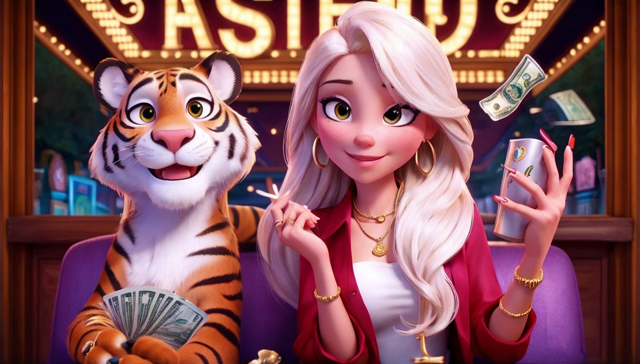 Blonde woman with long hair, full breasts short pink blouse, next to a tiger, local cassino