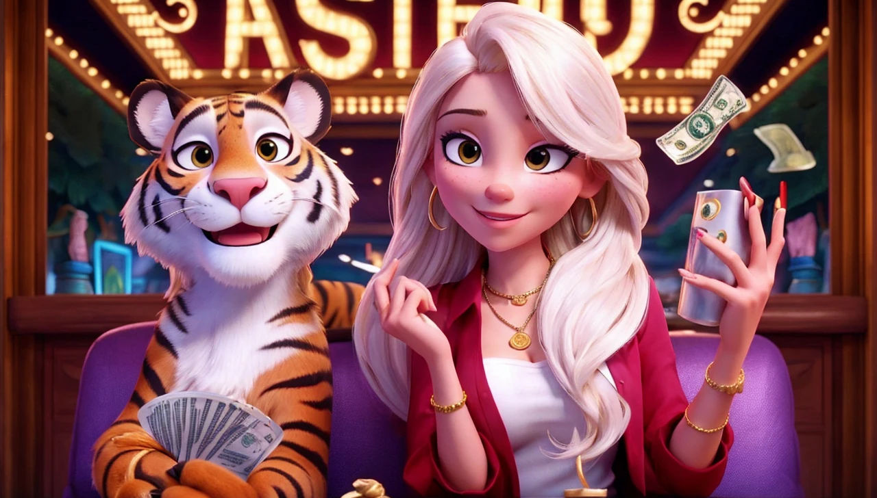 Blonde woman with long hair, full breasts short pink blouse, next to a tiger, local cassino