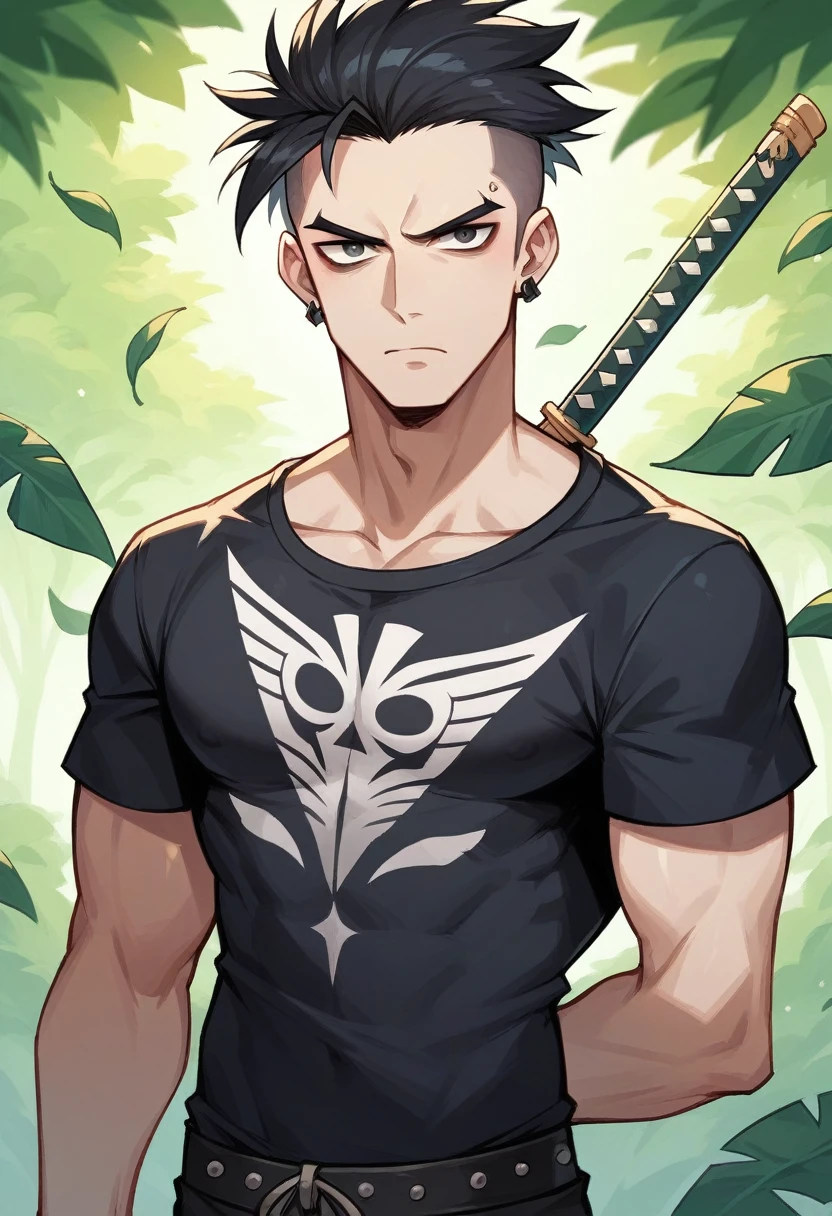 Generate an image of a guy dressed like a punk in the woods. The man had a thick black beard and black hair, decorated with a gold buckle. Its ears are large and pointed, similar to those of a fairy. He wore a serious expression and wore a black t-shirt. The person was wearing punk clothes, holding a long sword behind his back like a ninja. The background is a lush green forest with tall trees and dense foliage.