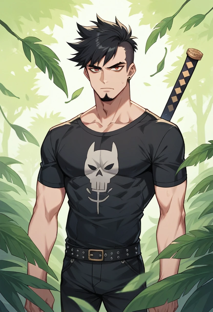 Generate an image of a guy dressed like a punk in the woods. The man had a thick black beard and black hair, decorated with a gold buckle. Its ears are large and pointed, similar to those of a fairy. He wore a serious expression and wore a black t-shirt. The person was wearing punk clothes, holding a long sword behind his back like a ninja. The background is a lush green forest with tall trees and dense foliage.