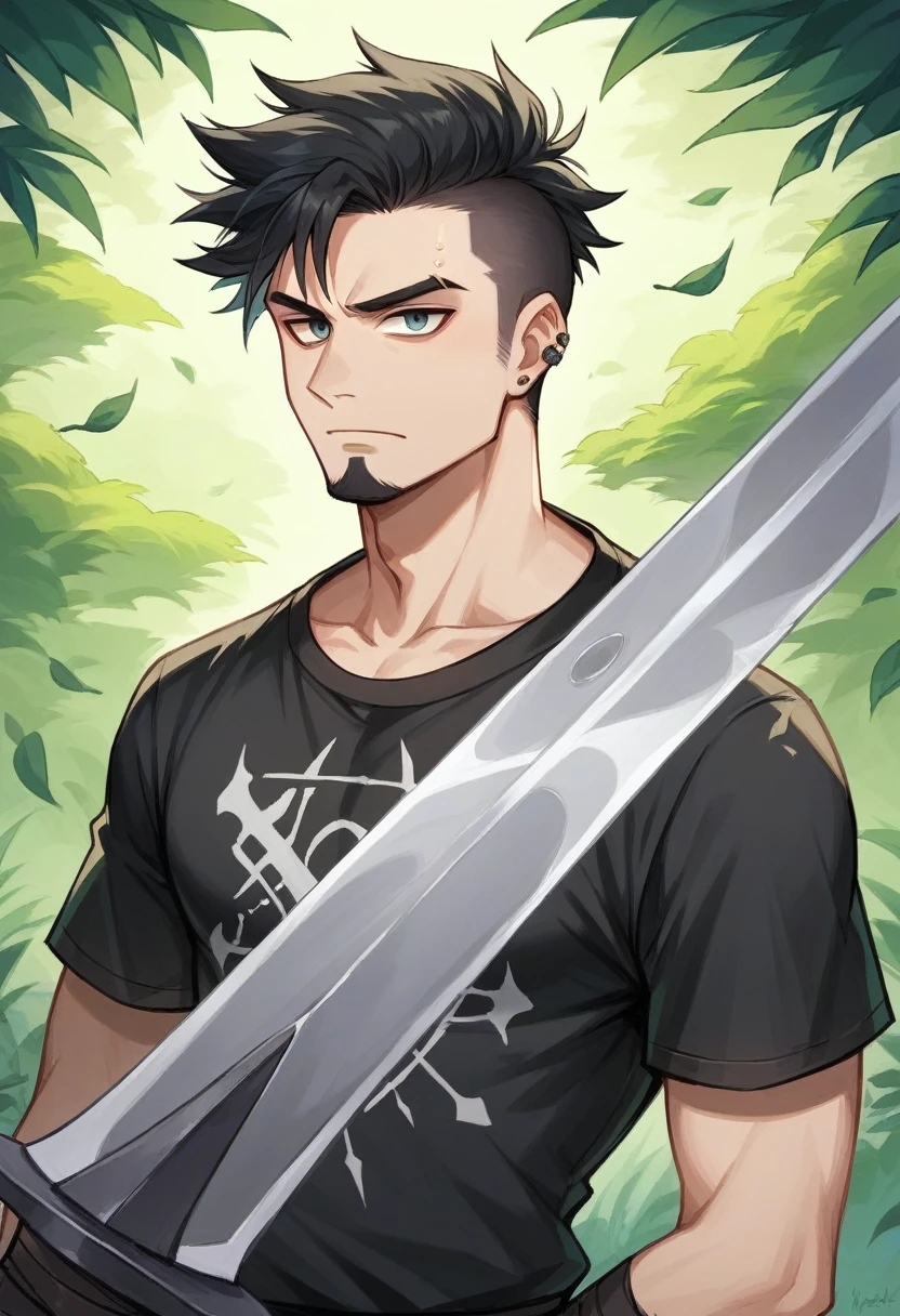 Generate an image of a guy dressed like a punk in the woods. The man had a thick black beard and black hair, decorated with a gold buckle. Its ears are large and pointed, similar to those of a fairy. He wore a serious expression and wore a black t-shirt. The person was wearing punk clothes, holding a long sword behind his back like a ninja. The background is a lush green forest with tall trees and dense foliage.