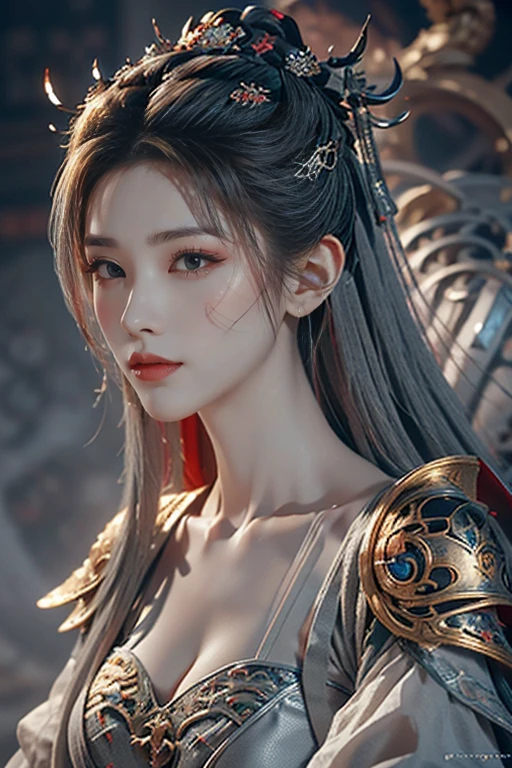 Masterpiece,Game art,The best picture quality,Highest resolution,8K,(Portrait),Unreal Engine 5 rendering works,(Digital Photography),((Portrait Feature:1.5)), 20 year old girl,Short hair details,With long bangs,(The red eye makeup is very meticulous),(With long gray hair:1.4),(Large, full breasts),Elegant and noble,Brave and charming, (Future armor combined with the characteristics of ancient Chinese armor,Hollow design,Power Armor,The mysterious Eastern runes,A delicate dress pattern,A flash of magic),Warrior of the future,Cyberpunk figures,Background of war, Movie lights,Ray tracing,Game CG,((3D Unreal Engine)),OC rendering reflection pattern