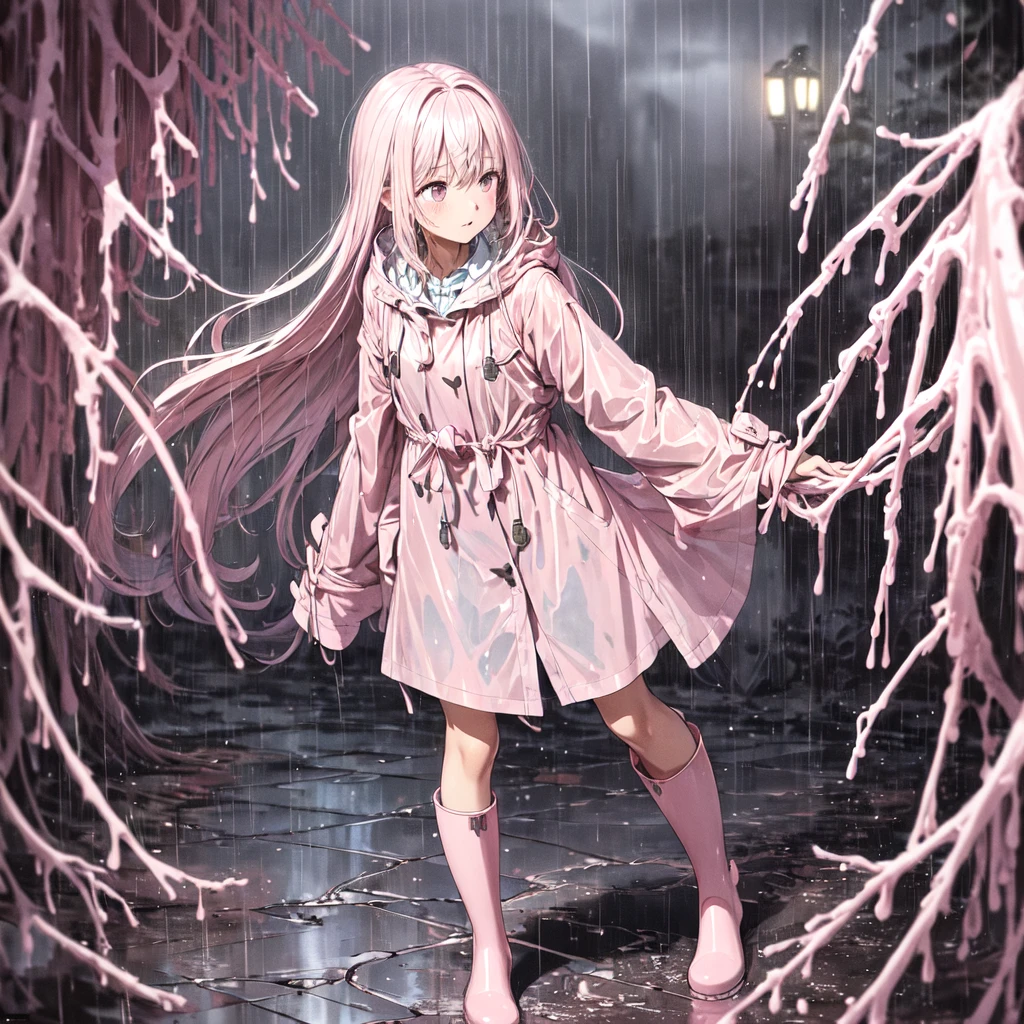 (masterpiece:1.2, best quality), (real picture, intricate details), (night, dark, downpour:1.4)
There was no one in the alley, and the surroundings were silent, only the raindrops sprinkled on the tile eaves of the low houses near and far, making a slight rustling sound. In the cold rain, (1girl, asian girl, pretty light pink buttoned raincoat, tall pink rainboots, muddy clothes, mud splatters on clothes) , close up, cowboy shot
