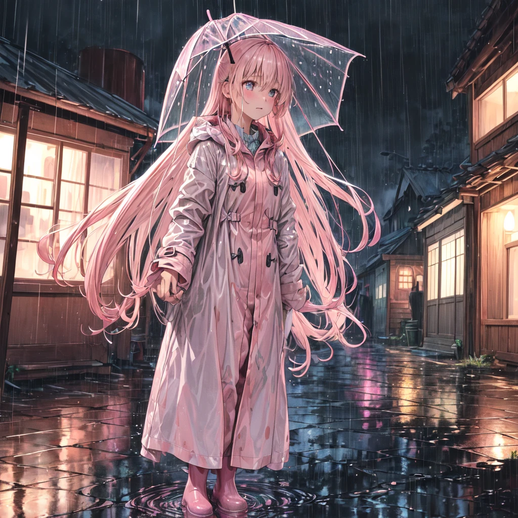 (masterpiece:1.2, best quality), (real picture, intricate details), (night, dark, downpour:1.4)
There was no one in the alley, and the surroundings were silent, only the raindrops sprinkled on the tile eaves of the low houses near and far, making a slight rustling sound. In the cold rain, (1girl, asian girl, pretty light pink oned raincoat, tall pink rainboots, muddy clothes, mud splatters on clothes) , close up, cowboy shot