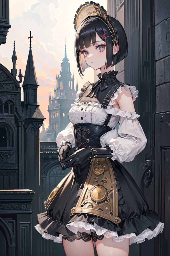 (((Masterpiece, top quality, super detailed))), One female, (((Very Slender body))) , (((Long, thin legs))), (((short black bob, thick puffy bangs ))), (((very detailed face))), cosmetics-free, small thin nose, small thin-lipped mouth, (((very sharp focused eyes))), large slit precision pale grey eyes, sparkling like jewels, Long eyelashes, ((Very decorative intricate mechanical steampunk fashion, Lace Flared mini skirt, Lace stockings above the knee, Lace Off-shoulder ta fashion, Overly decorative fashion)), (((overall accuracy has improved dramatically, creating a super detailed and realistic image))), Super realistic photo,(((upper body))),((burning city background)),city,night,the wood,(furious),night,dark,burning town,