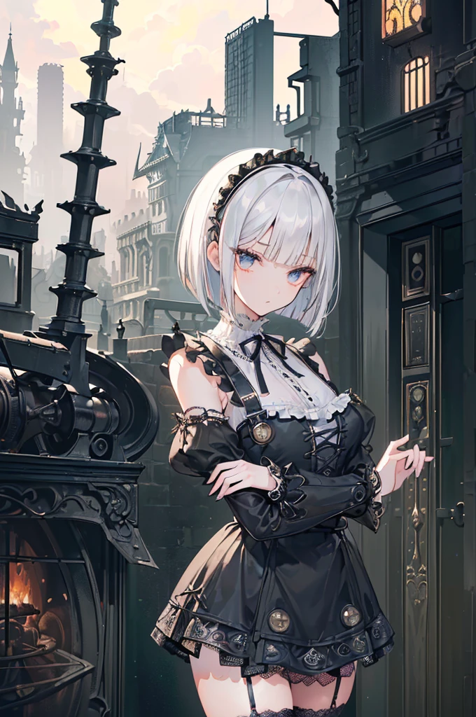 (((Masterpiece, top quality, super detailed))), One female, (((Very Slender body))) , (((Long, thin legs))), (((short black bob, thick puffy bangs ))), (((very detailed face))), cosmetics-free, small thin nose, small thin-lipped mouth, (((very sharp focused eyes))), large slit precision pale grey eyes, sparkling like jewels, Long eyelashes, ((Very decorative intricate mechanical steampunk fashion, Lace Flared mini skirt, Lace stockings above the knee, Lace Off-shoulder ta fashion, Overly decorative fashion)), (((overall accuracy has improved dramatically, creating a super detailed and realistic image))), Super realistic photo,(((upper body))),((burning city background)),city,night,the wood,(furious),night,dark,burning town,