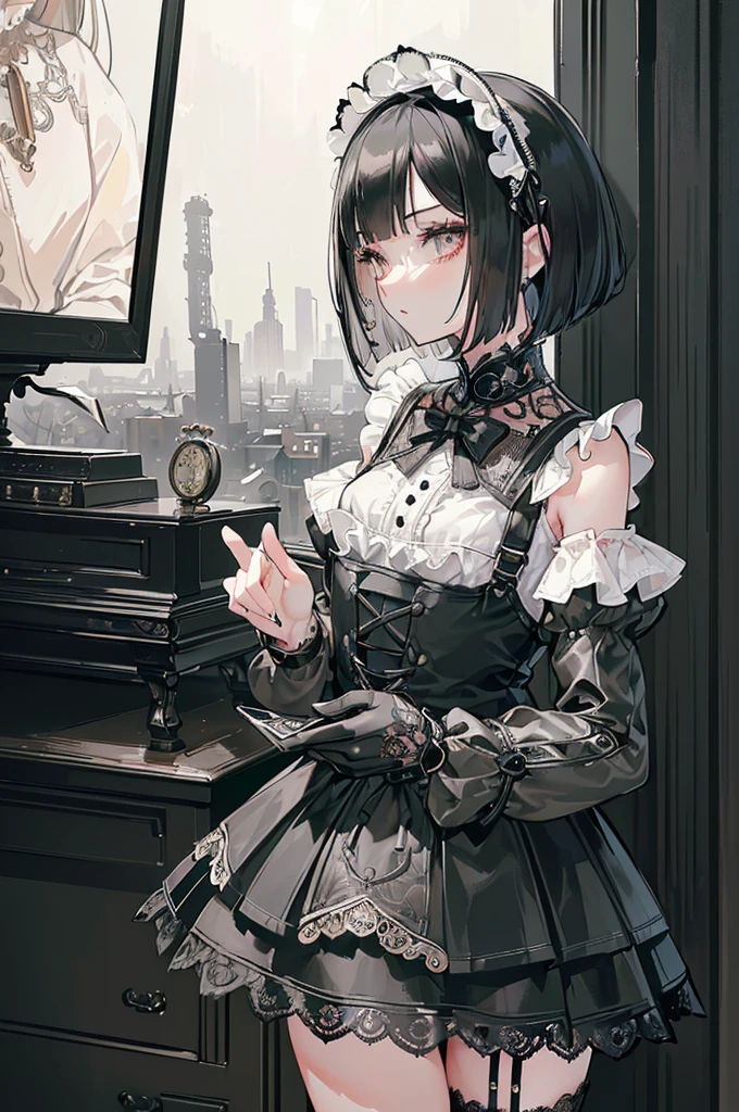(((Masterpiece, top quality, super detailed))), One female, (((Very Slender body))) , (((Long, thin legs))), (((short black bob, thick puffy bangs ))), (((very detailed face))), cosmetics-free, small thin nose, small thin-lipped mouth, (((very sharp focused eyes))), large slit precision pale grey eyes, sparkling like jewels, Long eyelashes, ((Very decorative intricate mechanical steampunk fashion, Lace Flared mini skirt, Lace stockings above the knee, Lace Off-shoulder ta fashion, Overly decorative fashion)), (((overall accuracy has improved dramatically, creating a super detailed and realistic image))), Super realistic photo,(((upper body))),((burning city background)),city,night,the wood,(furious),night,dark,burning town,