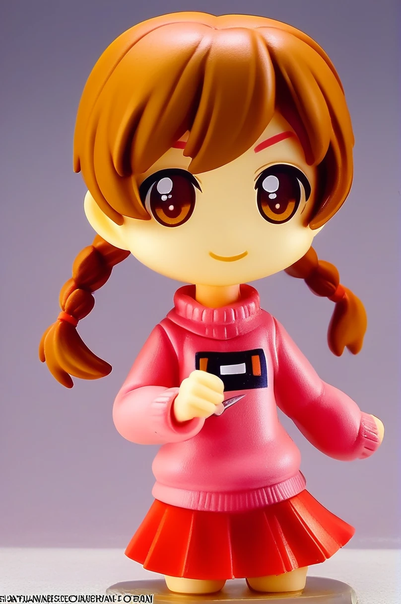 (pvc figure style:1.4), figure,score_9, score_8_up, score_7_up, score_6_up, score_5_up, score_4_up, source_anime, madotsuki, braid, hair over shoulder, long hair, twin braids, twintails, brown hair, brown eyes, long sleeves, pink sweater, pleated skirt, red skirt, skirt, sleeves past wrists, sweater, holding kitchen knife, musical note, epic pose, cowboy shot, dynamic pose, wide shot, solo, dutch angle, teenager, figure, (best quality, masterpiece), traditional media, basic background, blurry background, cowboy shoot:1.3, (foggy background, inside, clear room, on table:1.2), chibi, kawaii, cute, nendoroid, character sheet,  conceptart