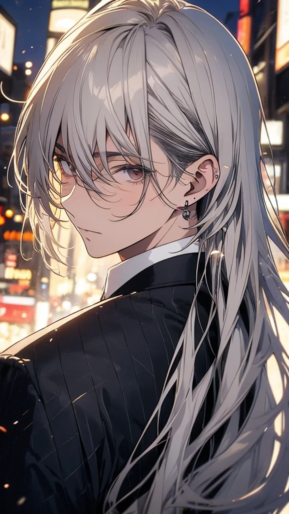 With anime style illustrations A working man appeared, with brown eyes and Smoky white hair. wearing a black suit Posing with back looking out, half body image, city background at night. Look back.