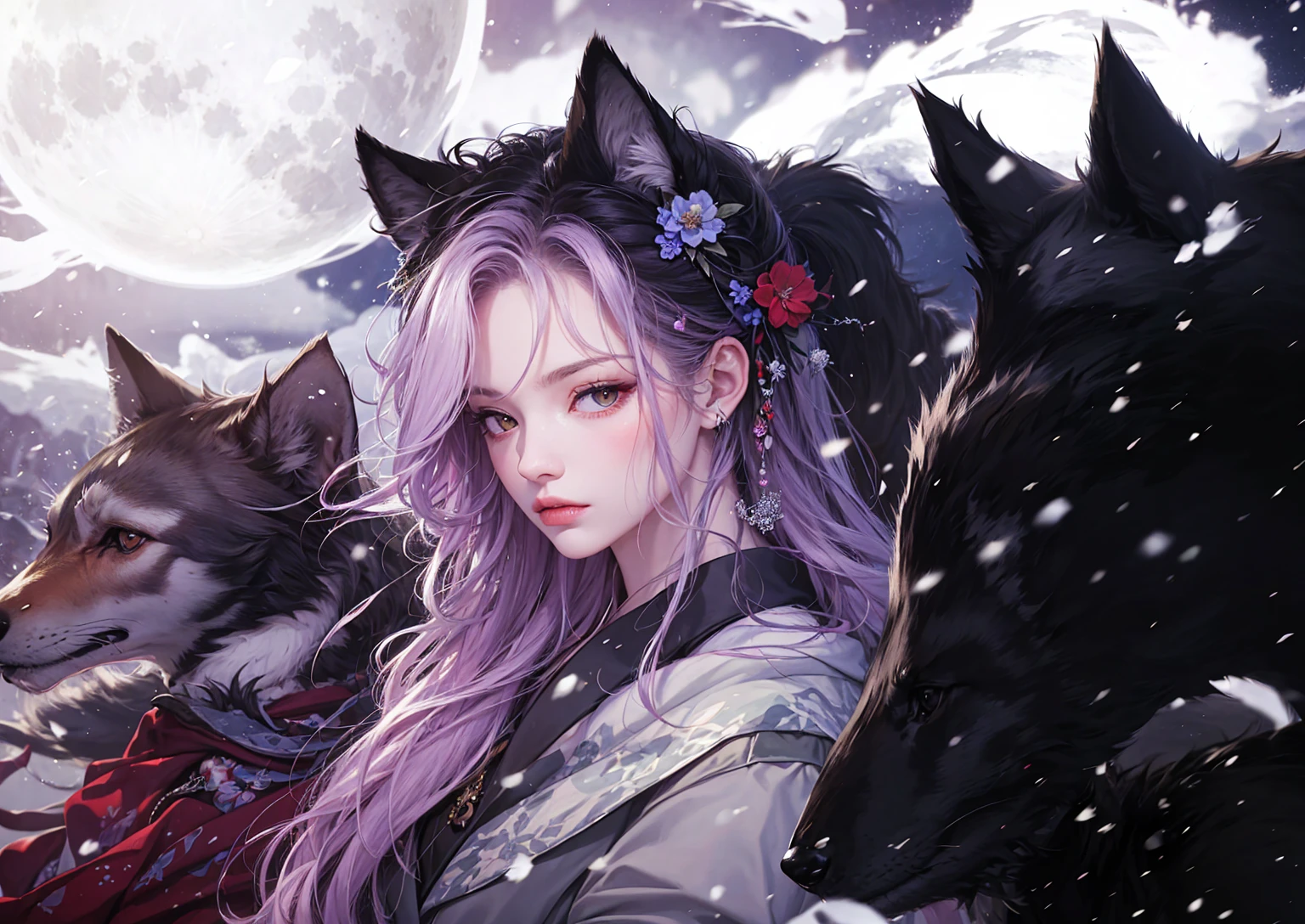 masterpiece, best quality, high quality, highres, ultra highres, wolf, wolf ear, snowing, nekomimi, kimono, flower hair ornament, wolfs, animal, full moon, cloudy, windy