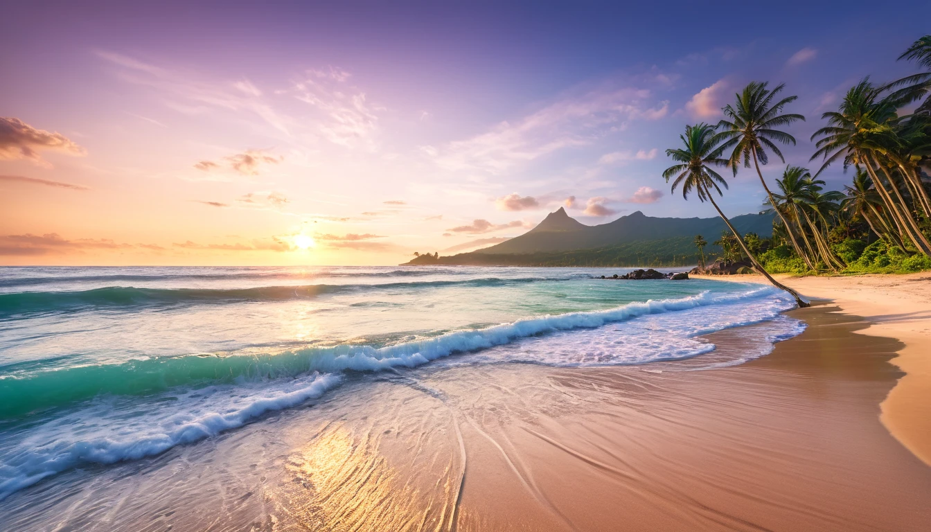 Best Quality, master piece, high resolution, Raw photo, Professional Lighting, high-level image quality, high-detail, masterpiece depicting stunning sunrise on tropical beach with gentle waves and palm trees along the coast。The color palette is vivid、It is necessary to convey a sense of renewal and positive energy.