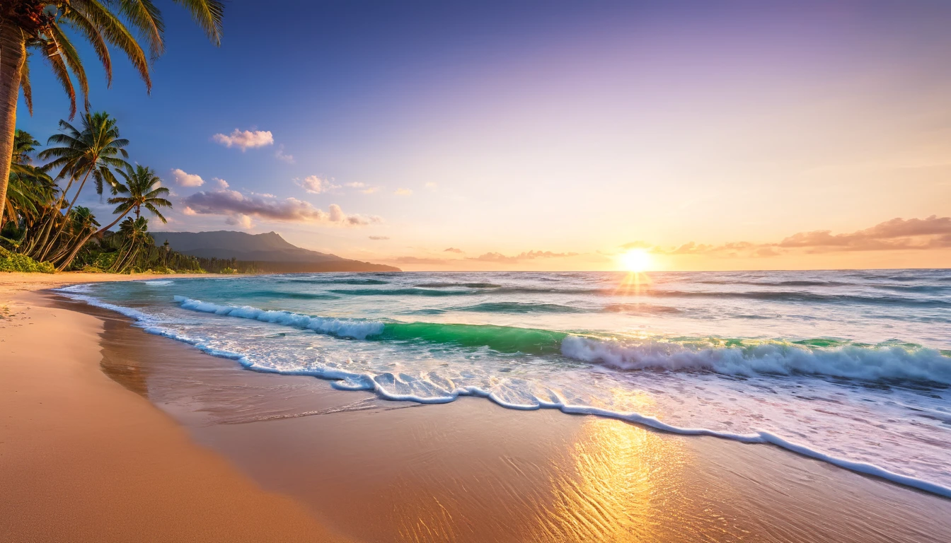 Best Quality, master piece, high resolution, Raw photo, Professional Lighting, high-level image quality, high-detail, masterpiece depicting stunning sunrise on tropical beach with gentle waves and palm trees along the coast。The color palette is vivid、It is necessary to convey a sense of renewal and positive energy.