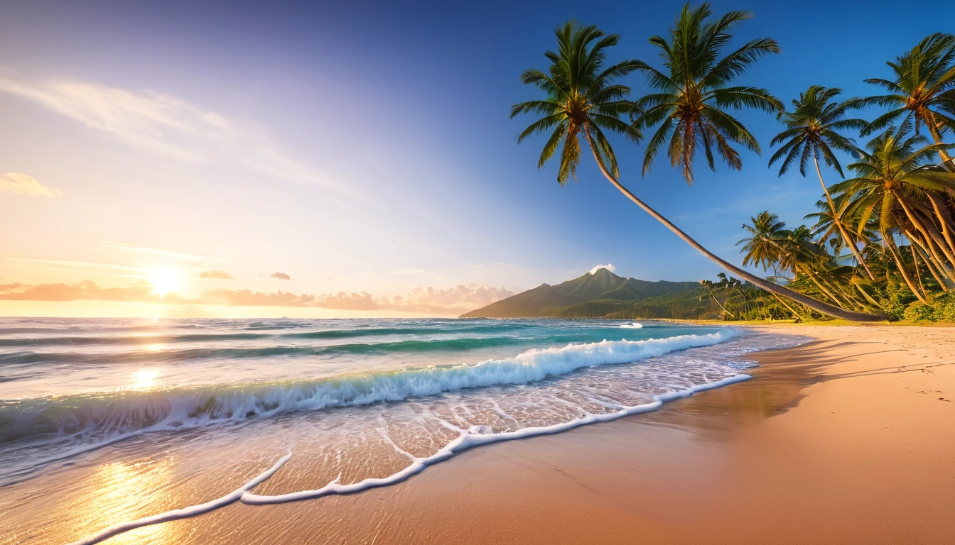 Best Quality, master piece, high resolution, Raw photo, Professional Lighting, high-level image quality, high-detail, masterpiece depicting stunning sunrise on tropical beach with gentle waves and palm trees along the coast。The color palette is vivid、It is necessary to convey a sense of renewal and positive energy.