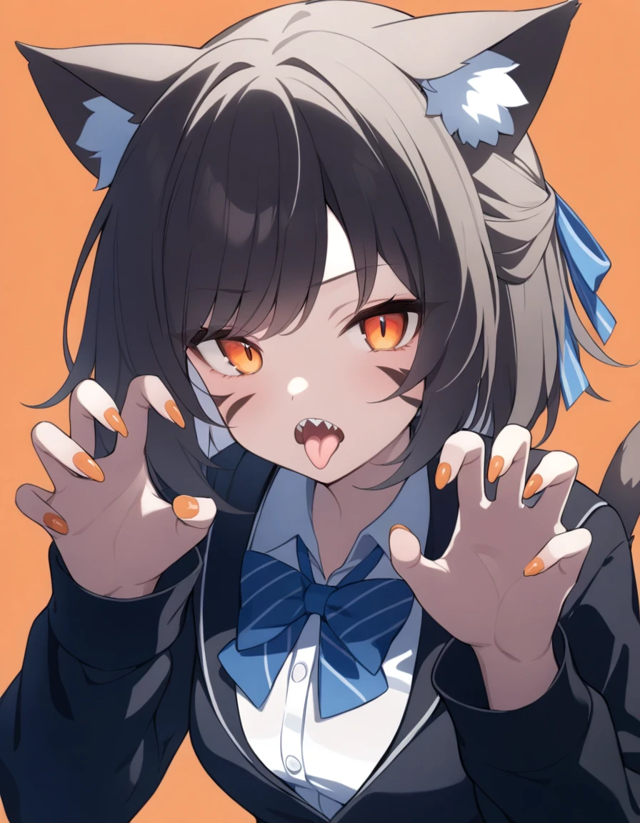 masterpiece, best quality,
1girl, solo, animal ears, bow, teeth, jacket, tail, open mouth, brown hair, orange background, bowtie, orange nails, simple background, cat ears, orange eyes, blue bow, animal ear fluff, cat tail, looking at viewer, upper body, shirt, , hood, striped bow, striped, white shirt, black jacket, blue bowtie, fingernails, long sleeves, cat girl, bangs, fangs, collared shirt, striped bowtie, short hair, tongue, hoodie, sharp teeth, facial mark, claw pose