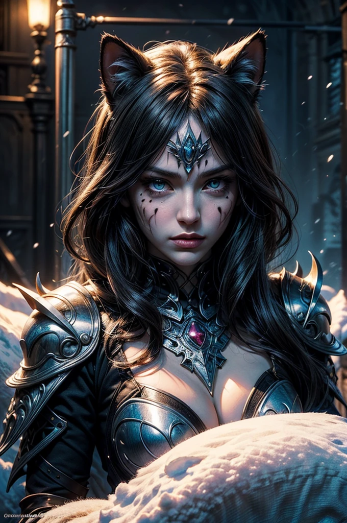 Ice wind dale covered with snow there stand female snow jaguar with cat ears that have lot of piercing, she have beatiful face yellow ember eyes,  face expression, she dressed in white with black spots furr clothing armor with mettalic claws covered with blood on her hands, her body cover with scars and tattoo, (ultra high quality fantasy art, dark fantasy style, masterpiece, ultra high quality character design, 8k quality anime art, realistic anime art, top quality wallpaper illustration, detailed ultra high quality accurate face, high quality design and accurate physic)