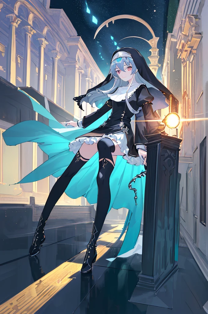[(cathedral background:1.4)::5],Original,(Illustration:1.1),(Best Quality),(masutepiece:1.1),(the Extremely Detailed CG Unity 8K Wallpapers:1.1), (Colorful:0.9),(mid-shot:0.95),(Full body:1.5),Dynamic Angle,(Solo:1.2), (girl),(((Adult))), (Detailed beautiful eyes:1.15), (Beautiful face:1.15), (Glowing black eyes:1.25////),(Blue Long Hair),(nun headdress),(+perfect hand+:1.21),(Draw an illustration of a Holy Knight Wizard),(Religious),(slender),(she has boots on her feet),((I'm wearing black knee-high socks)),Smile,(Ruffled miniskirt with metal embellishments),beautiful slender adult,((theater background)),
