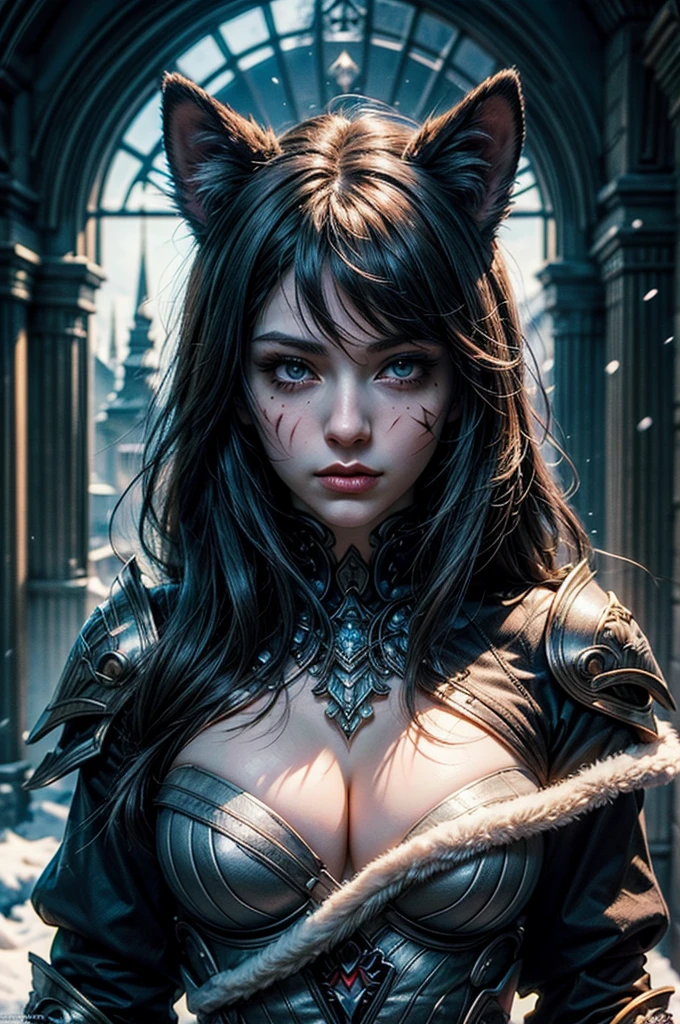 Ice wind dale covered with snow there stand female snow jaguar with cat ears that have lot of piercing, she have beatiful face yellow ember eyes, seductive face expression, she dressed in white with black spots furr clothing armor with mettalic claws covered with blood on her hands, her body cover with scars and tattoo, (ultra high quality fantasy art, dark fantasy style, masterpiece, ultra high quality character design, 8k quality anime art, realistic anime art, top quality wallpaper illustration, detailed ultra high quality accurate face, high quality design and accurate physic)
