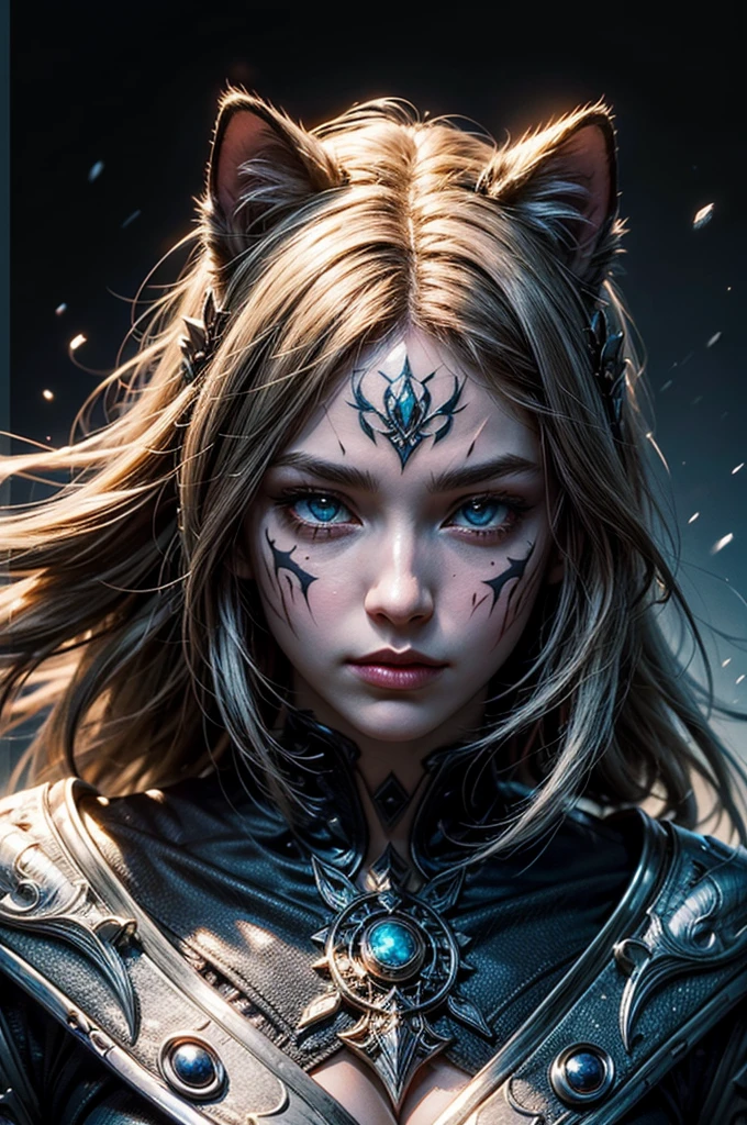 Ice wind dale covered with snow there stand female snow jaguar with cat ears that have lot of piercing, she have beatiful face yellow ember eyes, seductive face expression, she dressed in white with black spots furr clothing armor with mettalic claws covered with blood on her hands, her body cover with scars and tattoo, (ultra high quality fantasy art, dark fantasy style, masterpiece, ultra high quality character design, 8k quality anime art, realistic anime art, top quality wallpaper illustration, detailed ultra high quality accurate face, high quality design and accurate physic)