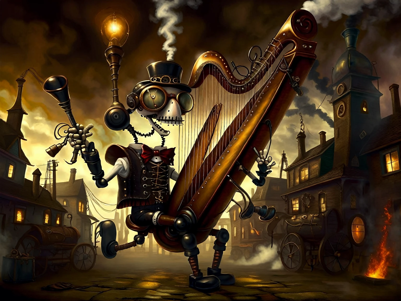(voodoo doll playing knitted harp:1.2), (Voodoo Steampunk:1.3), (badass clothing: leather corset, aviator glasses, Gears and mechanical parts:1.0), (in the background steam engines, airships and Victorian buildings:1.2), best qualityer, work of art, detailed soft oil painting, detailed back ground, dramatic cinematic lighting, soft edge lighting, proffesional, dramatic lighting, hard edge lighting, ultra quality, 4K, work of art, best qualityer, 8K, ultra high definition, high resolution, extremely detaild, perfect details of the harp.