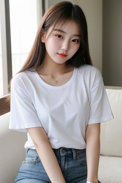 super cute Korean young woman, wearing a white t-shirt