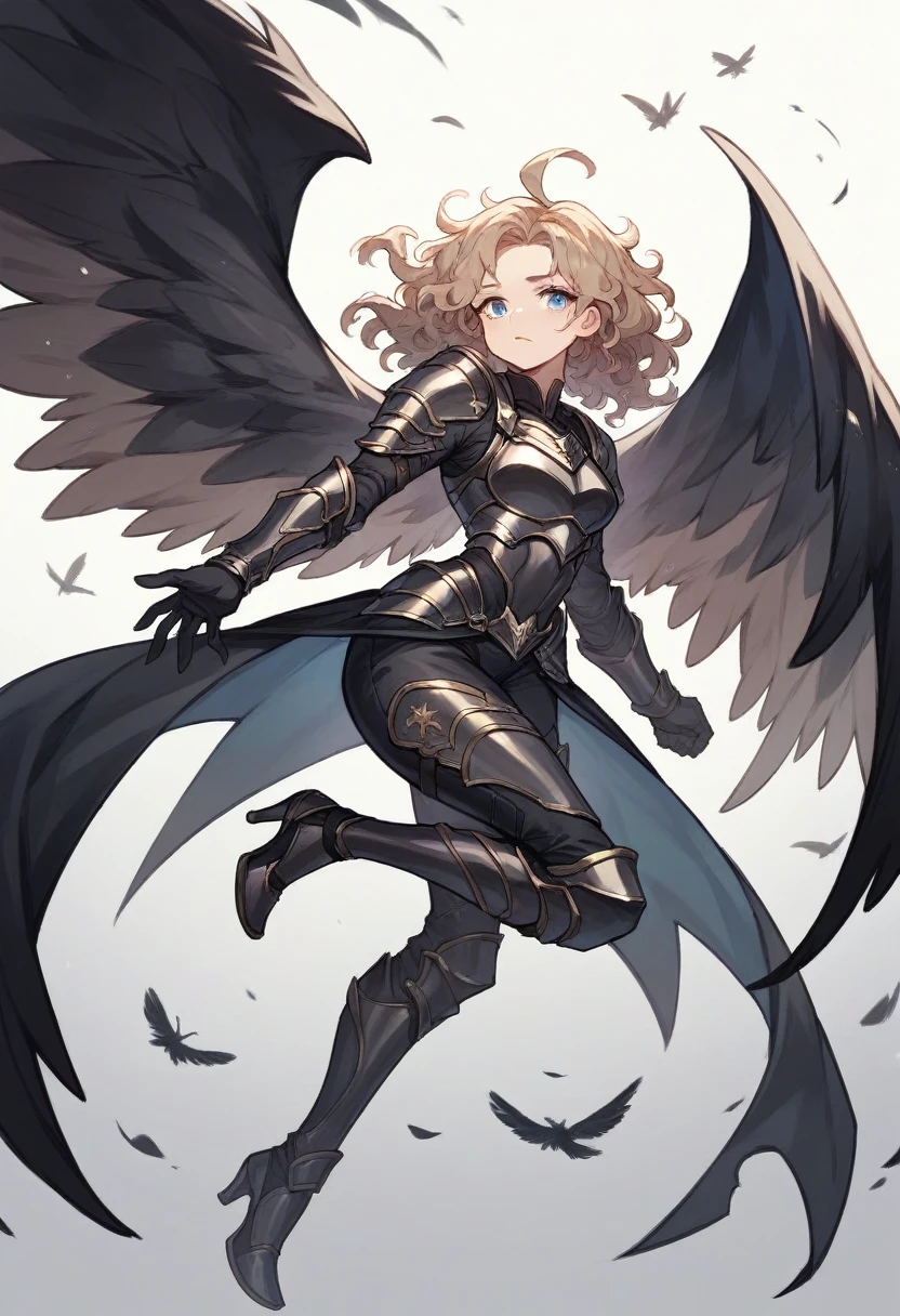Light brown wavy hair,blue colored eyes,black armour,black highheels,big black wings,perfectbody