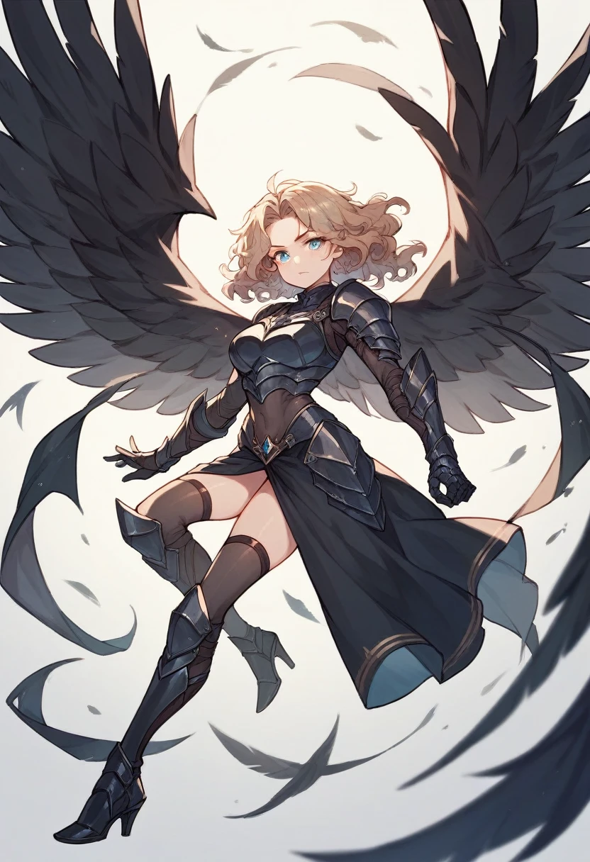 Light brown wavy hair,blue colored eyes,black armour,black highheels,big black wings,perfectbody