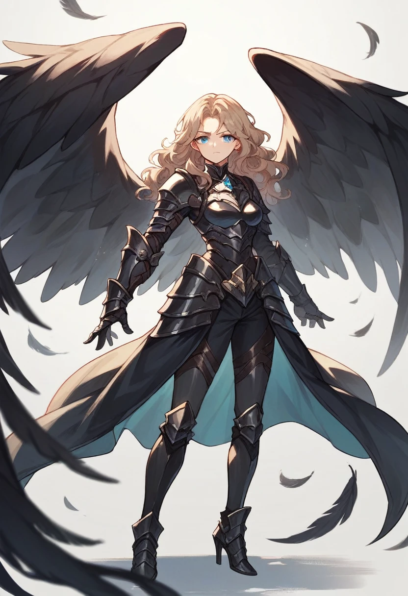 Light brown wavy hair,blue colored eyes,black armour,black highheels,big black wings,perfectbody