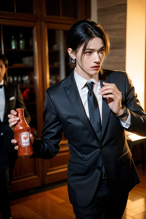 high resolution,2d anime style,Cool guy,Mature look,20th Generation,bald,Red Eyes,Beautiful watch,earrings,Stylish suits,Poker face,Looking at the audience,night,walk,Chili sauce bottle