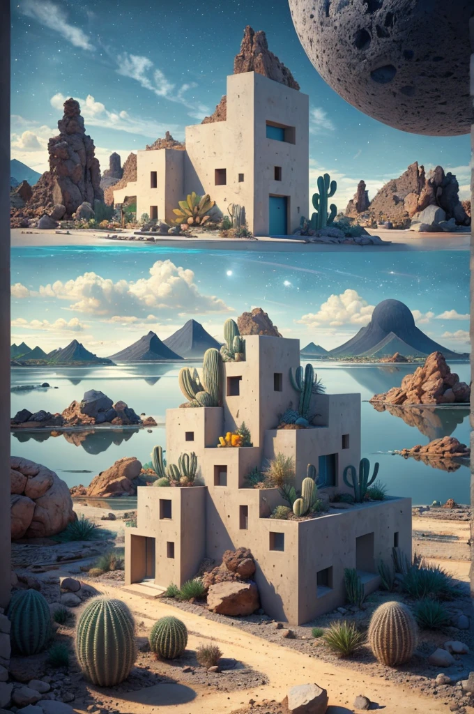 An illustration, collage style, David Hockney visual style, (((Luis Barragán's architectural style houses in middle of a lake))), big boulders, little cascade, mountains, volcanos, volcanic landscape, pool, stairs, beautiful gardens, abundant vegetation, cacti, agave, big clouds, sunset. Magazine cover, serif tipography, editorial design, masterpiece, An illustration in collage style, con rocas gigantes, Brutalist construction sections, escaleras, cactus, agave, textura de concreto, Multiple geometric shapes, hatch and cross hatching, planeta Saturno. ((masterpiece, best quality)),illustration,ultra detailed 8k. (((An illustration of a build designed by Luis Barragán))), with a desertic vegetation garden, (big rocks), ((cacti)), lake, volcano in horizon, smooth clouds, (((illustration collage format))), ((Escher's art style)), (((multiple sections))), (violet, blue, olive green, grey, black and white), hard shadows, (((geometric sculptures))), concrete sculptures, high contrast, dramatic, cinematographic, ((milky way galaxy)), intricate, intricate details, sharp focus,landscape