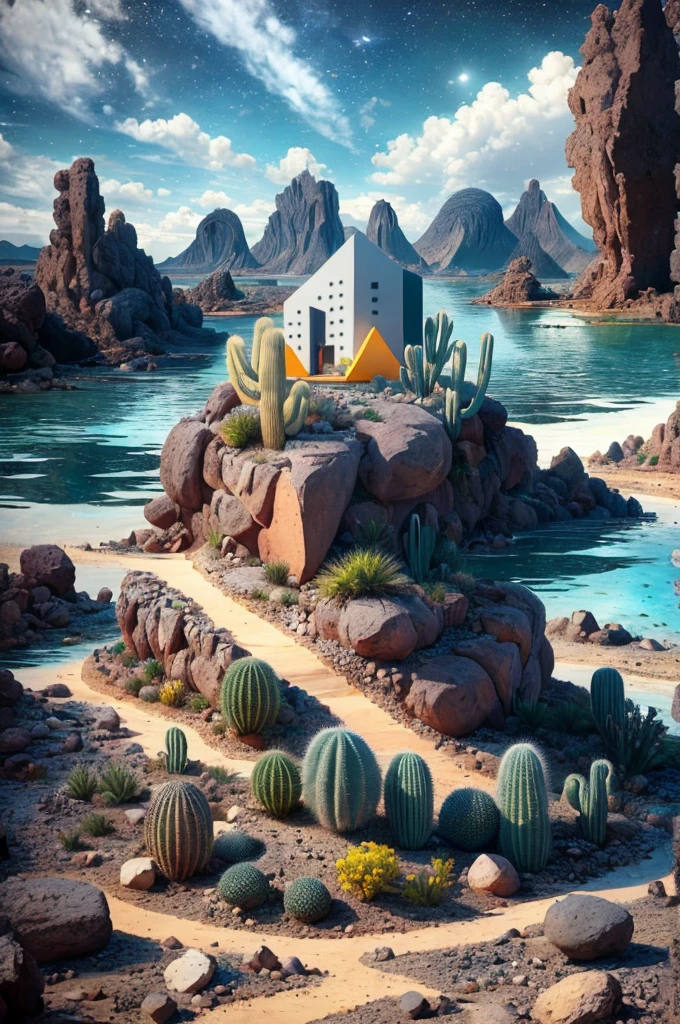 An illustration, collage style, David Hockney visual style, (((Luis Barragán's architectural style houses in middle of a lake))), big boulders, little cascade, mountains, volcanos, volcanic landscape, pool, stairs, beautiful gardens, abundant vegetation, cacti, agave, big clouds, sunset. Magazine cover, serif tipography, editorial design, masterpiece, An illustration in collage style, con rocas gigantes, Brutalist construction sections, escaleras, cactus, agave, textura de concreto, Multiple geometric shapes, hatch and cross hatching, planeta Saturno. ((masterpiece, best quality)),illustration,ultra detailed 8k. (((An illustration of a build designed by Luis Barragán))), with a desertic vegetation garden, (big rocks), ((cacti)), lake, volcano in horizon, smooth clouds, (((illustration collage format))), ((Escher's art style)), (((multiple sections))), (violet, blue, olive green, grey, black and white), hard shadows, (((geometric sculptures))), concrete sculptures, high contrast, dramatic, cinematographic, ((milky way galaxy)), intricate, intricate details, sharp focus,landscape