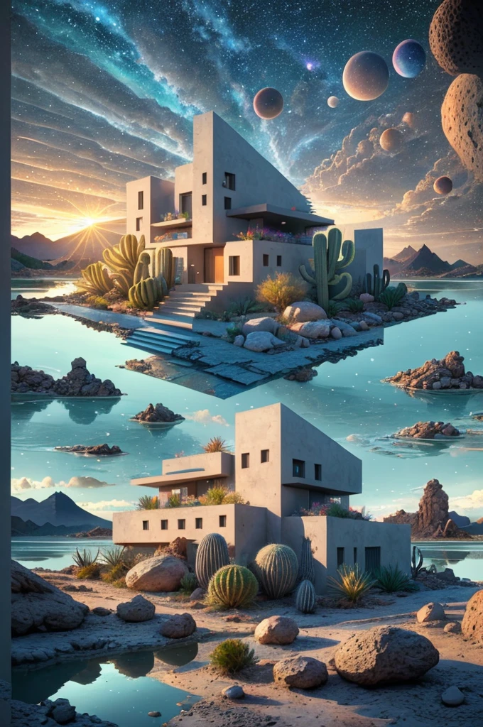 An illustration, collage style, David Hockney visual style, (((Luis Barragán's architectural style houses in middle of a lake))), big boulders, little cascade, mountains, volcanos, volcanic landscape, pool, stairs, beautiful gardens, abundant vegetation, cacti, agave, big clouds, sunset. Magazine cover, serif tipography, editorial design, masterpiece, An illustration in collage style, con rocas gigantes, Brutalist construction sections, escaleras, cactus, agave, textura de concreto, Multiple geometric shapes, hatch and cross hatching, planeta Saturno. ((masterpiece, best quality)),illustration,ultra detailed 8k. (((An illustration of a build designed by Luis Barragán))), with a desertic vegetation garden, (big rocks), ((cacti)), lake, volcano in horizon, smooth clouds, (((illustration collage format))), ((Escher's art style)), (((multiple sections))), (violet, blue, olive green, grey, black and white), hard shadows, (((geometric sculptures))), concrete sculptures, high contrast, dramatic, cinematographic, ((milky way galaxy)), intricate, intricate details, sharp focus,landscape