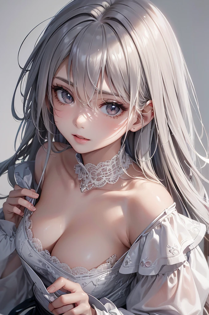 (Best Quality,High resolution,8K,finelity detailed background,Masterpiece:1.2),beautiful girl,Glossy romance gray hair,messy hair,Gray eyes,Gentle look,A refreshing look,Best quality,Best Quality,Aesthetic and aesthetic:1.2,Best details((Super detailed))(High-definition CG illustrations),collarbone (gray,intricate lace),Slender body,,smile,blush,cute,Scrounge,Looking up,Being spoiled,super model,wariza,shoot from above