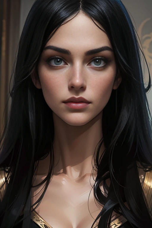 a black haired woman (an incredibly beautiful young femme fatale with long straight black hair, long bangs, she has green eyes, She is elegant, she has a dress). They are in love with each other. The sketches of "ideal anatomy" made by Boris Vallejo are characterized by a high degree of detail. Masterpiece, detailed study of the face, beautiful face, Beautiful facial features, Perfect picture, Realistic shots, detailed study of faces, full picture, 8k, detailed image, extremely detailed illustration, a true masterpiece of the highest quality, with careful drawing.