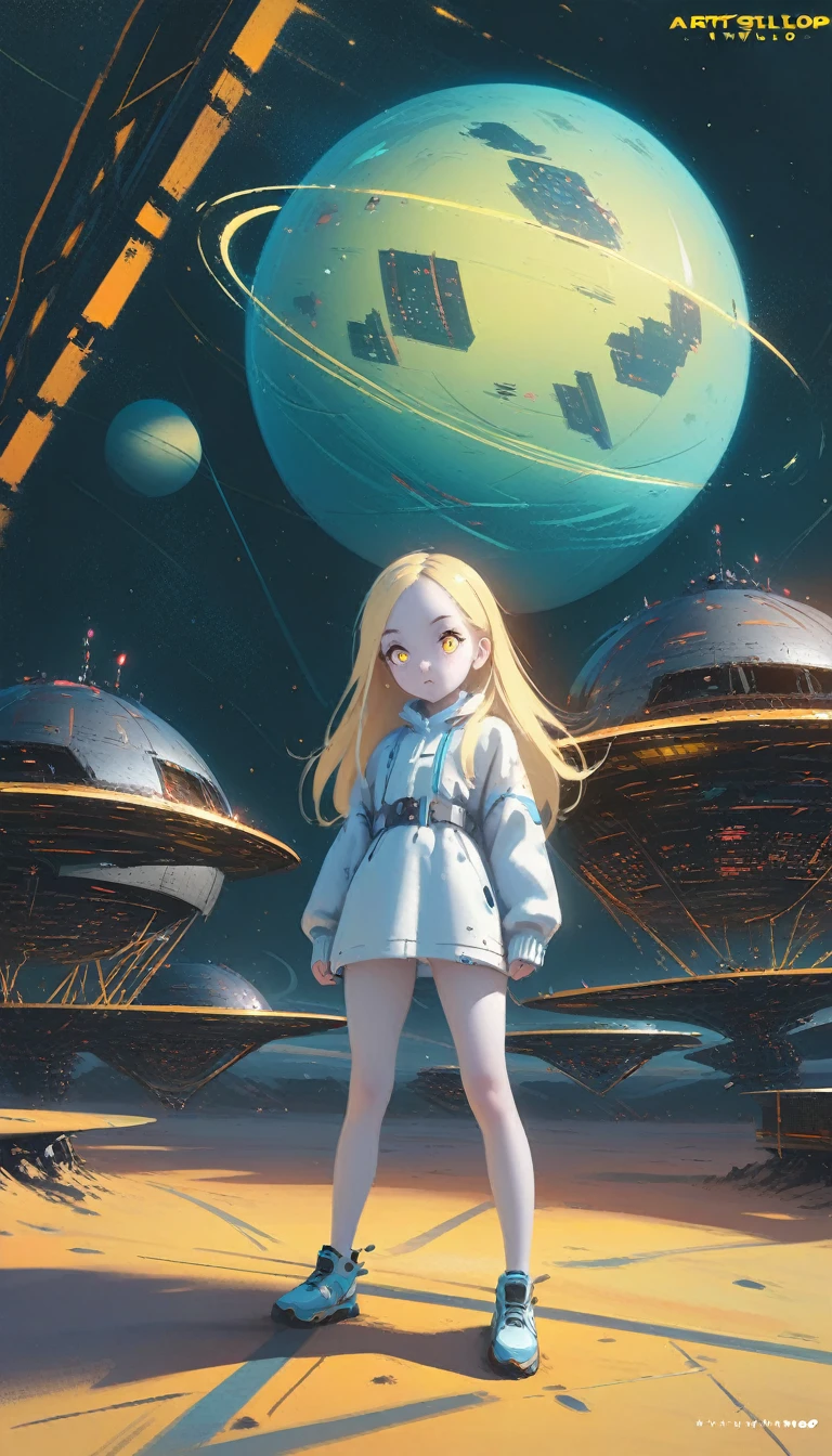 (young girl, 12 years old, blond hair, anime, pale skin), (yellow (eyes:1.2)), (slim build:1.3), beautiful face, symmetrical face, wlop and Sam Kuvshinov, (long hair), blond eyelashes, large iris, large pupil, full body, standing on the background of the cosmodrome, artstation, 8k, science fiction, pastel colors, props, panel, concept, futuristic, gribble, simon stalenhag, space, in outer space, a spaceship in the sky, technological blocks