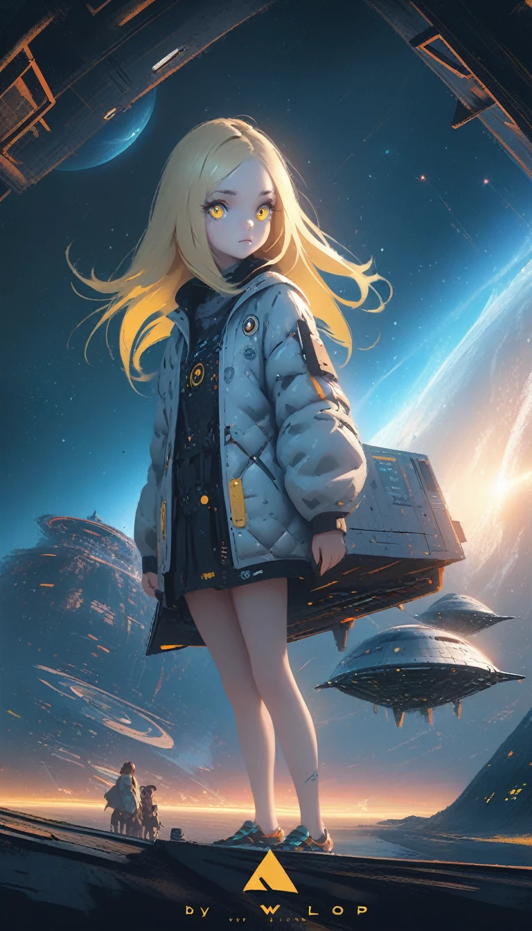 (young girl, 12 years old, blond hair, anime, pale skin), (yellow (eyes:1.2)), (slim build:1.3), beautiful face, symmetrical face, wlop and Sam Kuvshinov, (long hair), blond eyelashes, large iris, large pupil, full body, standing on the background of the cosmodrome, artstation, 8k, science fiction, pastel colors, props, panel, concept, futuristic, gribble, simon stalenhag, space, in outer space, a spaceship in the sky, technological blocks
