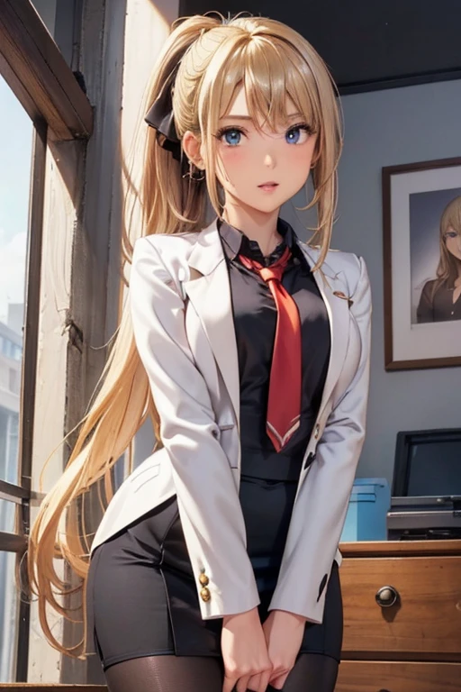 #Basics A girl is posing for a photo, animeのかわいい女の子, (((One Girl, Baby Face, Young girl, 16 years old))),
BREAK
#Clothing Accessories
(White suit : (Suit jacket) + Black blouse + Slim pencil skirt + (Red tie)), (Sheer black pantyhose + Black High Heels),
(Silver Necklace, silver earrings),
BREAK
#Features
((Blonde:1.4), (Chest-length sideburns + Curly hair), (ponytail : Very long hair + Curly Hair + Curled up + Plump and voluminous)),
(Droopy eyes,blue eyes), (Small breasts), (Tanned dark skin),
BREAK
#background environment
((noon, Sunshine + Office in a modern building)),
#Facial Expression Pose
(smug face, Confident and powerful pose with hands on hips, A commanding presence, Leaning forward),
#composition
((Face the camera, from below, Cowboy Shot)),
BREAK
#Body parts elements
(Symmetrical facial features, Beautiful face with attention to detail),
(Detailed hair, Beautiful Hair, Shiny Hair),
(double eyelid, Long eyelashes),
(Expression of fine eyes, Beautiful and delicate eyes, Sparkling eyes, Eye Reflexes),
(Human Ear),
(Beautiful Nose, Thin Nose),
(Glossy lips, Beautiful Lips, Thick lips),
(Detailed skin, Textured skin, Beautiful Skin),
BREAK
#Quality
(((Highest quality)), ((masterpiece)), ((Very detailed))), ((High resolution), (16K,1080P)),
(Realistic), (Anatomically correct),
((comics, anime)), (3DCG), CG illustration,