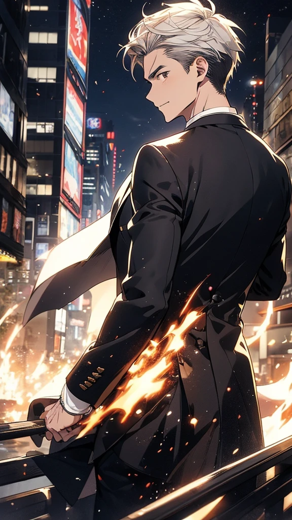 With anime style illustrations A working man appeared, with  brown eyes  and short Smoky white hair. wearing a black suit Posing with  back looking out, half body image, city background at night. Look back.