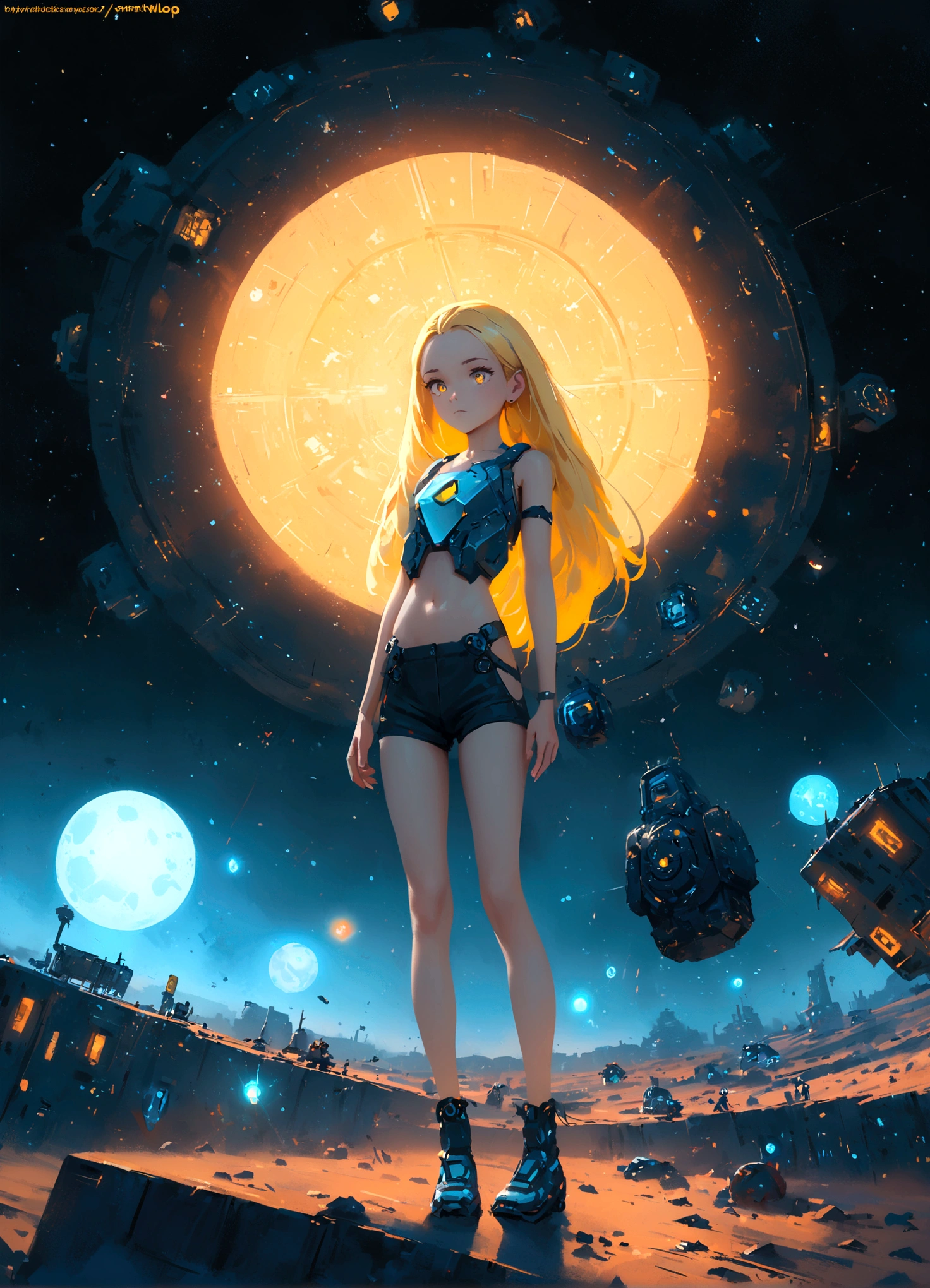 (young girl, 12 years old, blond hair, anime, pale skin), (yellow (eyes:1.2)), (slim build:1.3), beautiful face, symmetrical face, wlop and Sam Kuvshinov, (long hair), blond eyelashes, large iris, large pupil, full body, standing on the background of the cosmodrome, artstation, 8k, science fiction, pastel colors, props, panel, concept, futuristic, gribble, simon stalenhag, space, in outer space, a spaceship in the sky, technological blocks