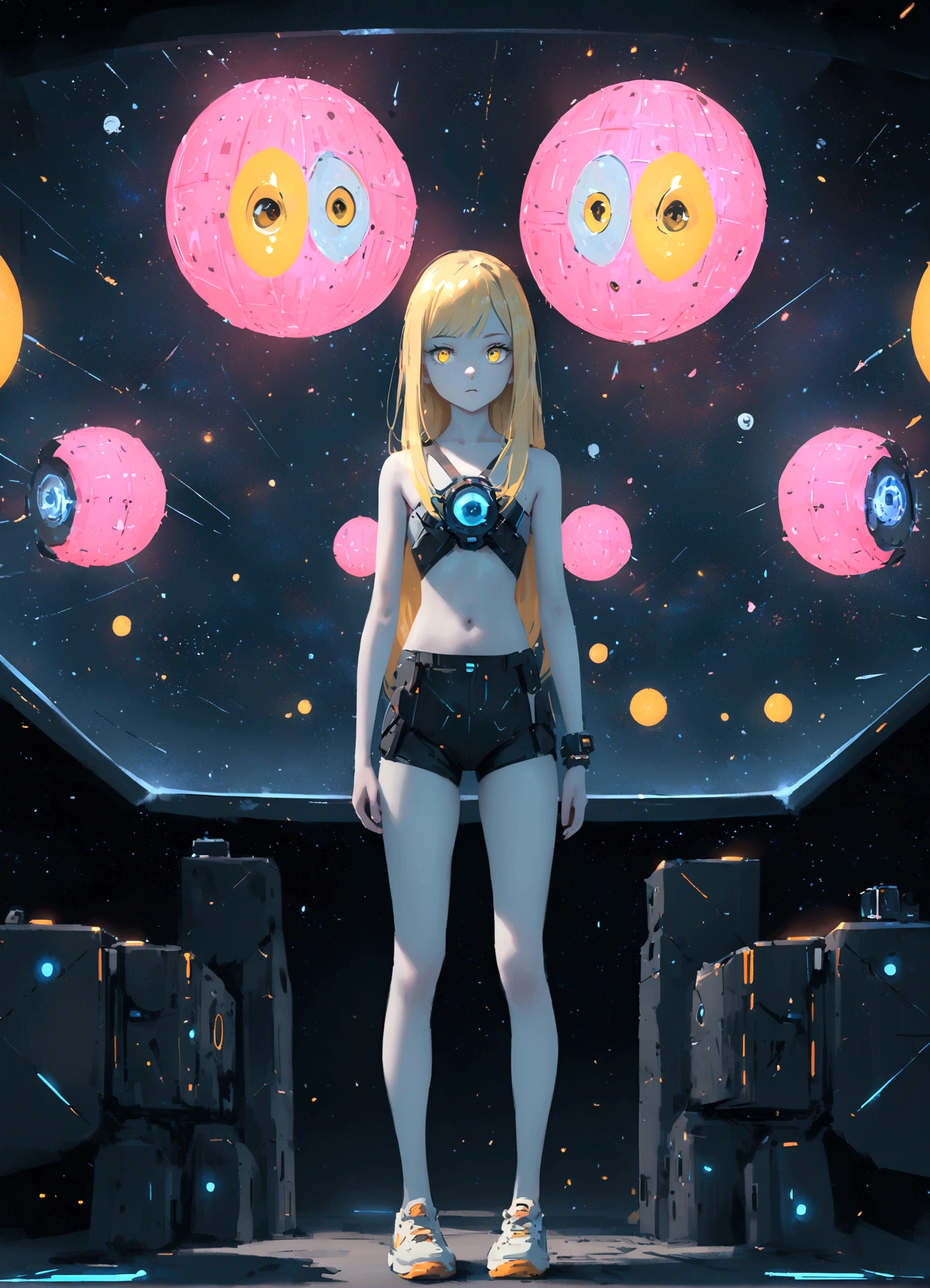 (young girl, 12 years old, blond hair, anime, pale skin), (yellow (eyes:1.2)), (slim build:1.3), beautiful face, symmetrical face, wlop and Sam Kuvshinov, (long hair), blond eyelashes, large iris, large pupil, full body, standing on the background of the cosmodrome, artstation, 8k, science fiction, pastel colors, props, panel, concept, futuristic, gribble, simon stalenhag, space, in outer space, a spaceship in the sky, technological blocks