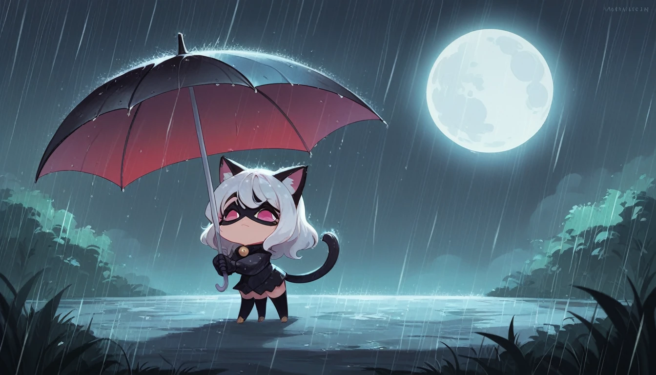 (best quality,4k,highres,ultra-detailed,masterpiece:1.3), black cat, white hair, cute anime girl, Fine art, chibi caracter, rainy, rain, full moon, night, umbrella