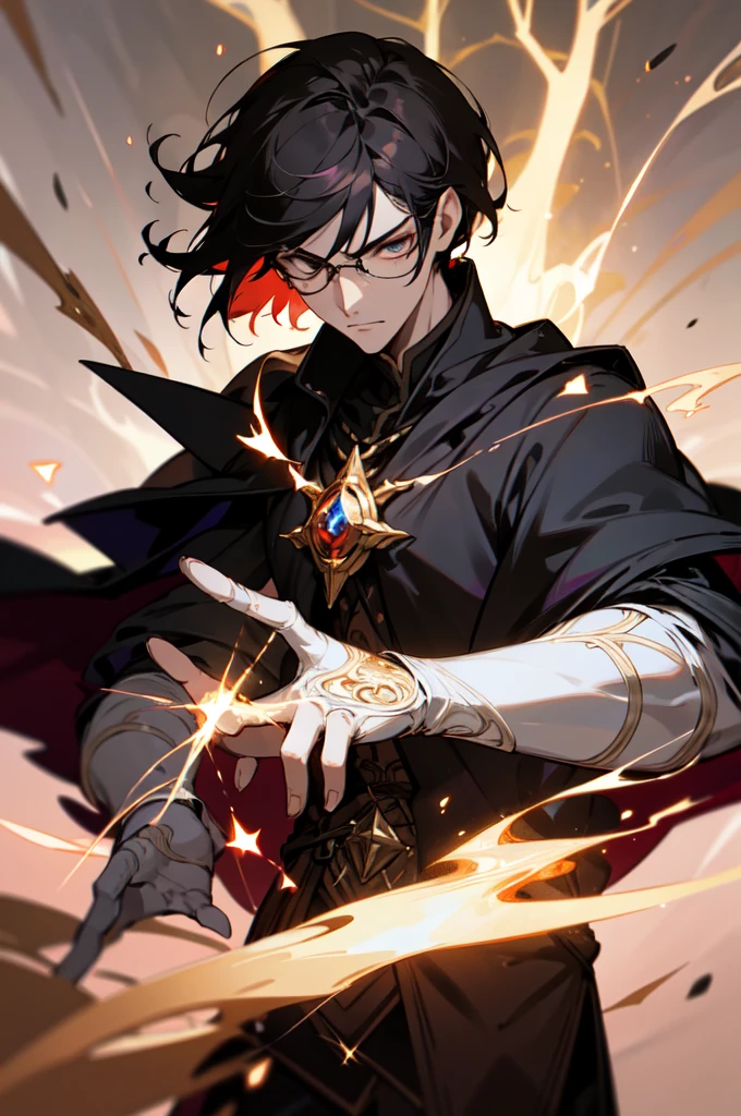 masterpiece, best quality, 1 male, young, tall muscular, handsome, finely detailed eyes, intricate details, black hair, short hair, evil face, solo, upper body, detailed dark shadow background, detailed face, good sorcerer, color magical robes, determined expression, white color scheme, dark crimson light, glowing magical runes, realistic lighting, floating particles, sparks, surrounded by gold lightning red arcane symbols, corrupted by eldritch power, bloom, glasses, gloves