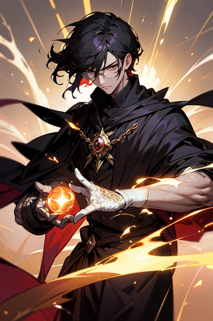 masterpiece, best quality, 1 male, young, tall muscular, handsome, finely detailed eyes, intricate details, black hair, short hair, evil face, solo, upper body, detailed dark shadow background, detailed face, good sorcerer, color magical robes, determined expression, white color scheme, dark crimson light, glowing magical runes, realistic lighting, floating particles, sparks, surrounded by gold lightning red arcane symbols, corrupted by eldritch power, bloom, glasses, gloves